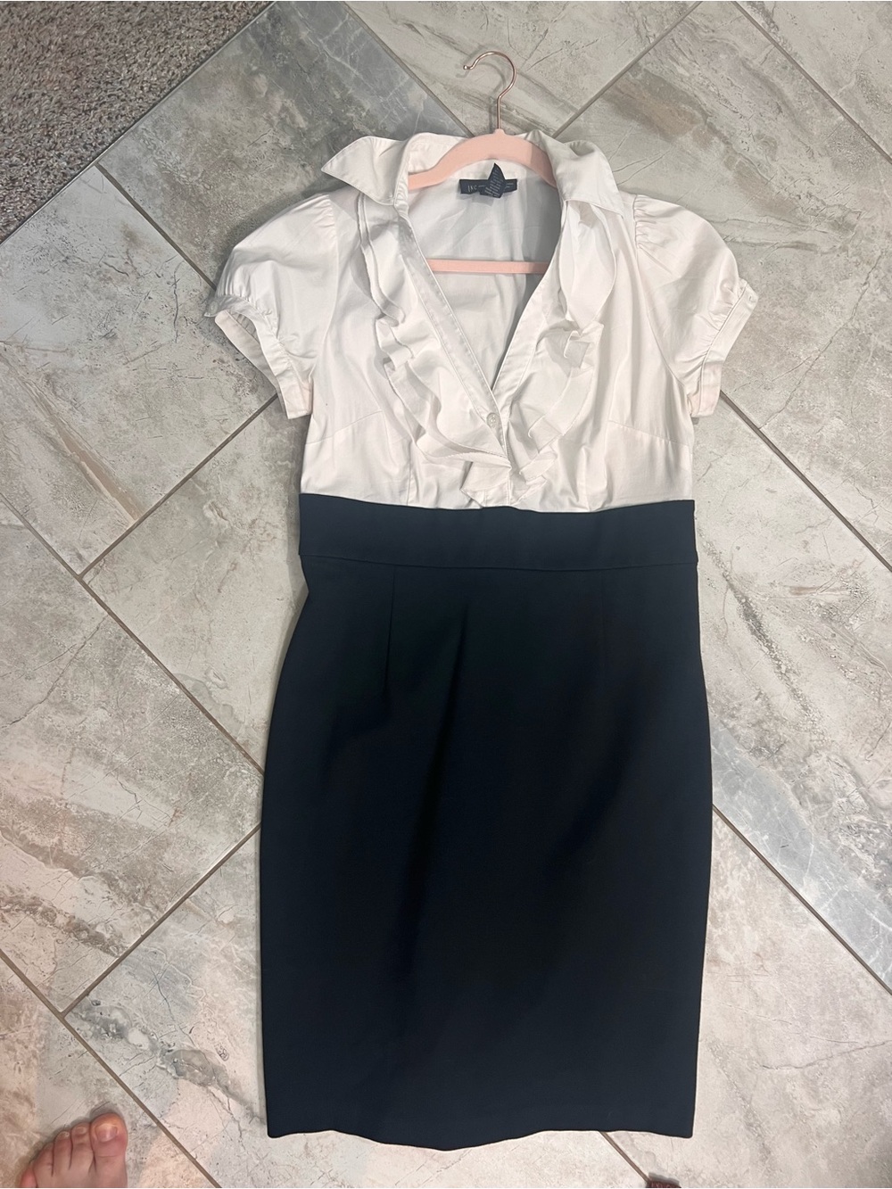 INC International Concepts White and Black Ruffle-Front Pencil Dress